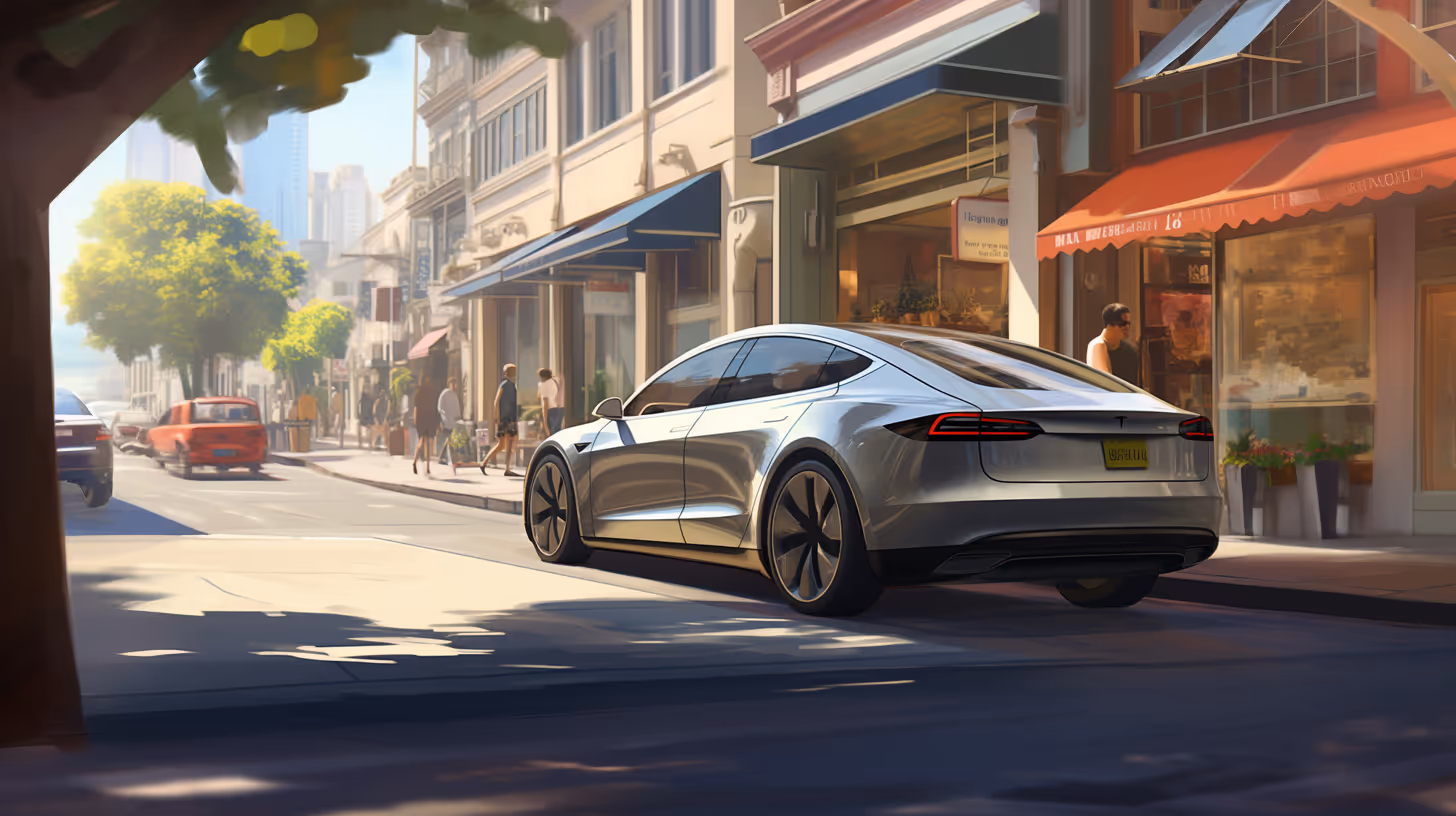 Silver electric sedan parked on a sunny city street lined with shops and pedestrians.