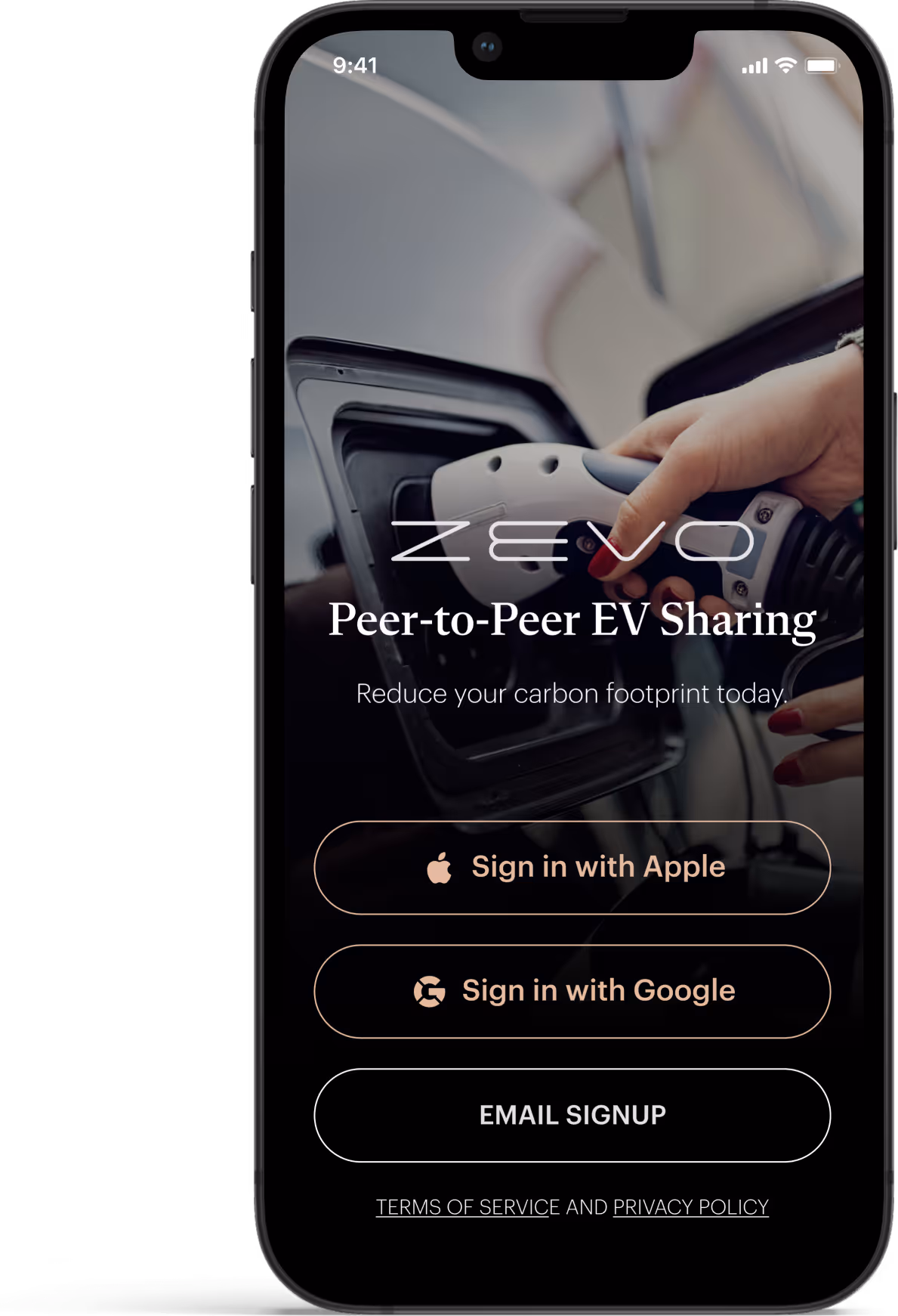 Mobile app login screen showing a hand plugging in an electric vehicle charger, with options to sign in with Apple, Google, or email for peer-to-peer EV sharing.
