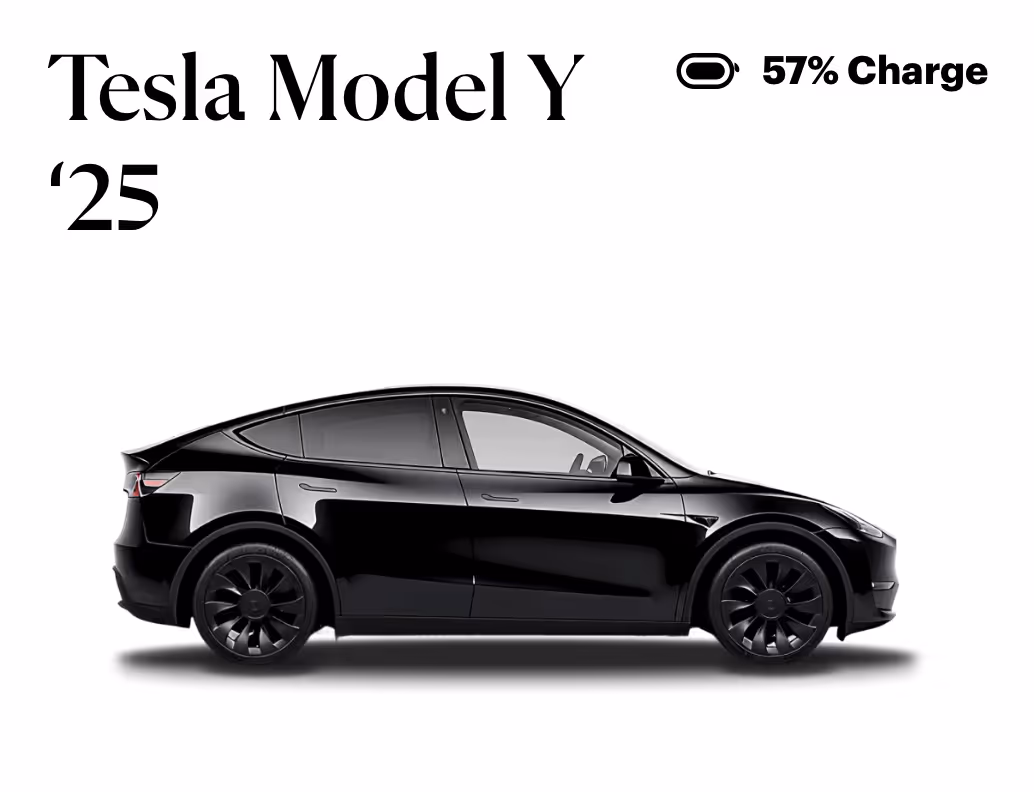 Side view of a black Tesla Model Y 2025 with text showing 57% charge and battery icon.