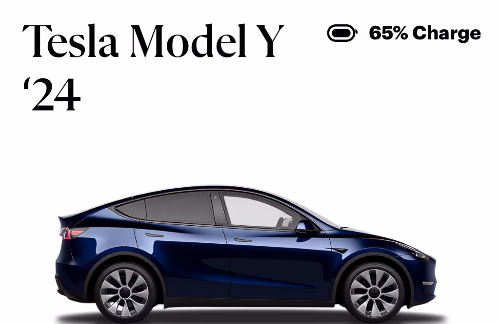 Side view of a dark blue Tesla Model Y 2024 electric car with 65% battery charge displayed above.
