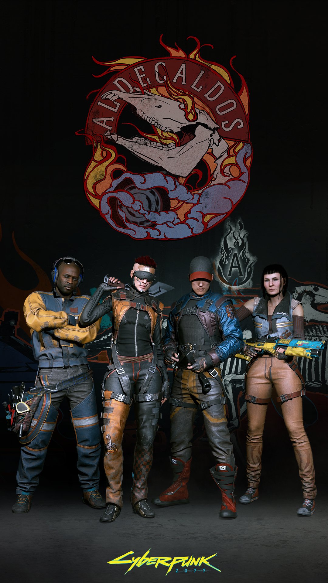 Four futuristic characters in combat gear stand under a fiery skull emblem with the text 'Aldecaldos' and the Cyberpunk 2077 logo below.