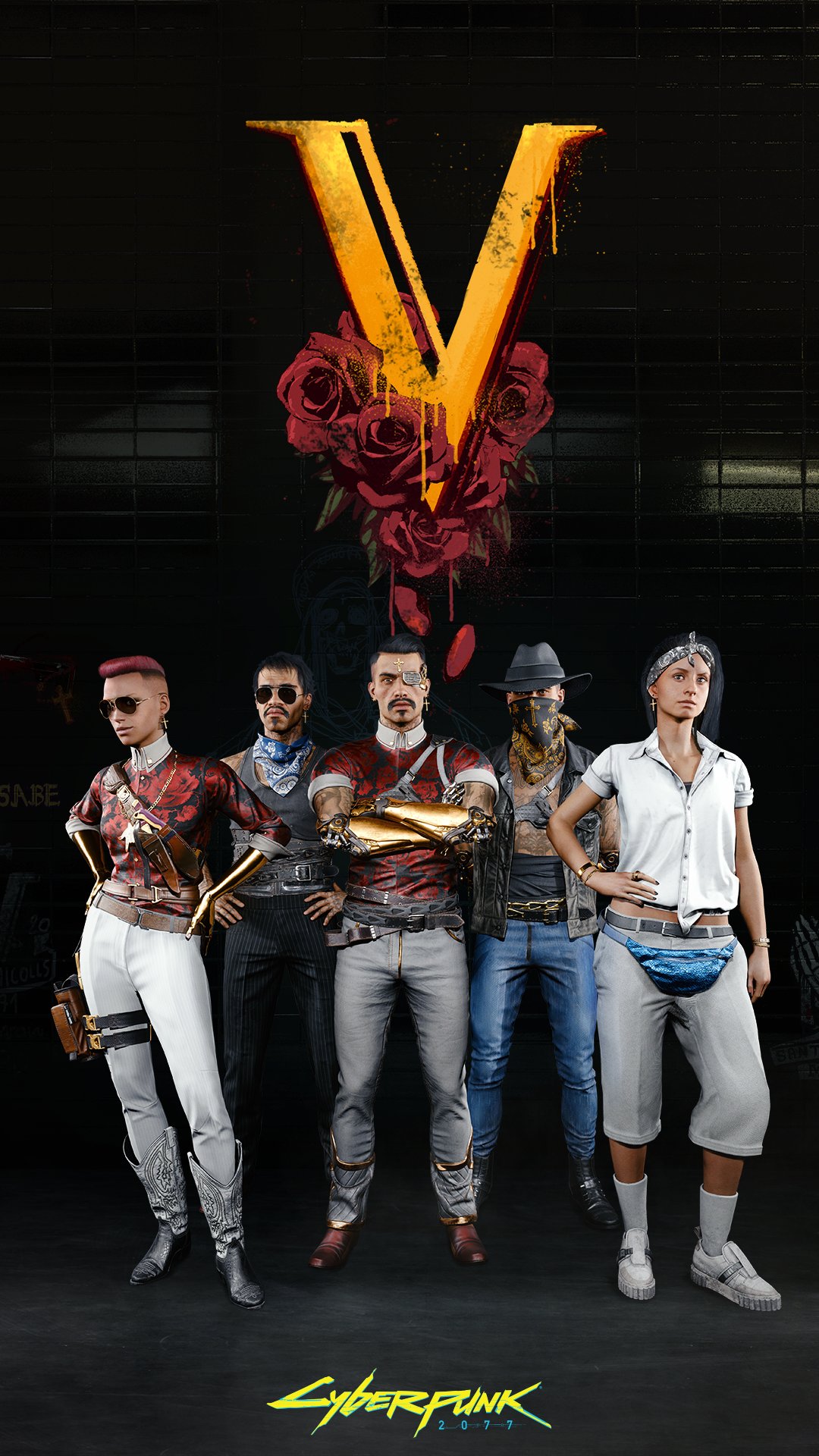 Five diverse cyberpunk characters posing confidently under a large orange V with red roses and Cyberpunk 2077 logo below.