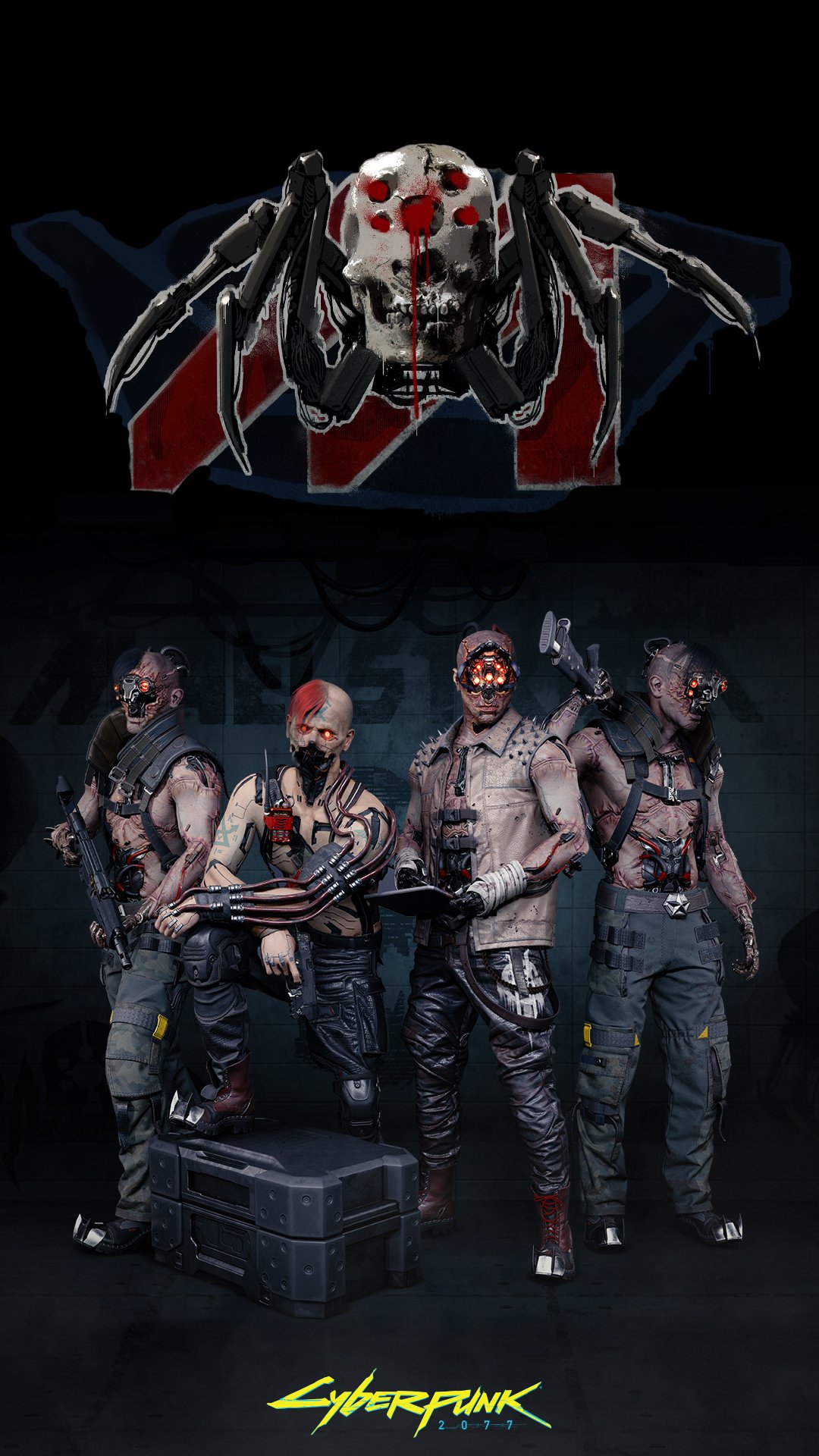 Four male cybernetic characters with glowing red eyes and mechanical enhancements posing in front of a dark background with a spider skull emblem and Cyberpunk 2077 logo.