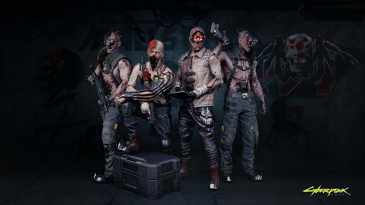 Four cybernetic gang members with glowing red eyes and mechanical implants stand in a dark industrial setting, with Cyberpunk 2077 logo in the bottom right.
