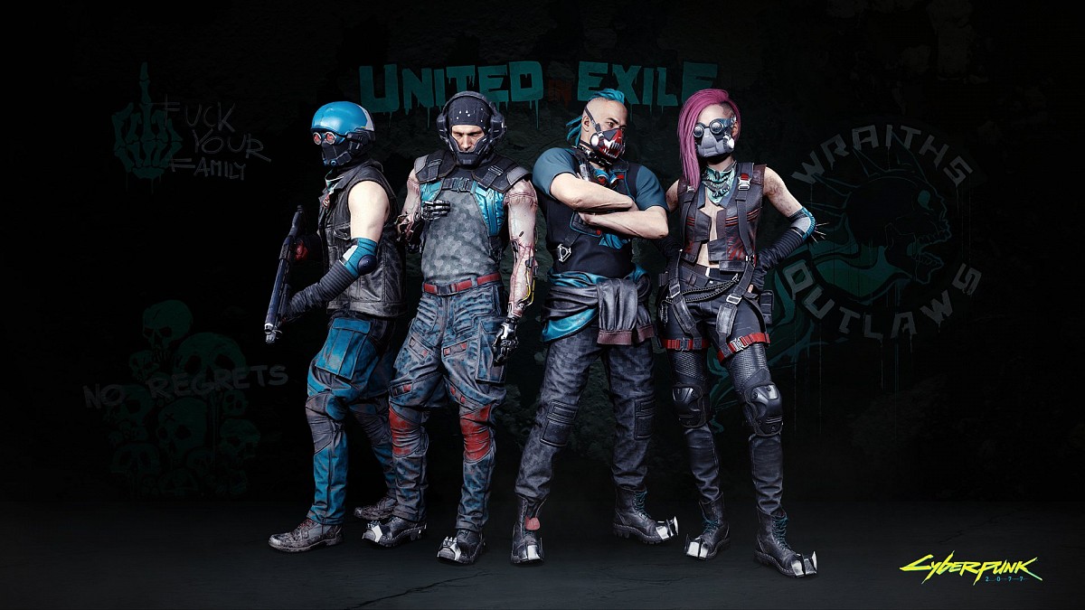 Four futuristic characters in cyberpunk attire standing against a dark background with graffiti reading 'United Exile' and 'Wraiths Outlaws' and a Cyberpunk 2077 logo.