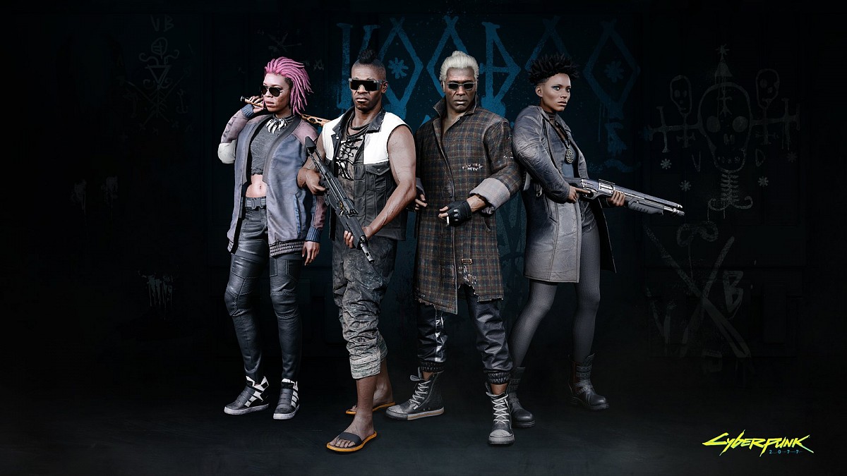 Four armed characters from Cyberpunk 2077 standing in a row with a dark background and blue graffiti.