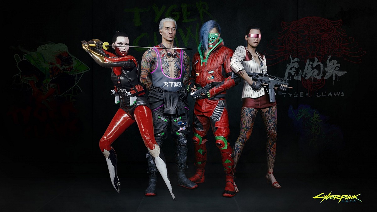 Four futuristic characters from Cyberpunk 2077 standing together, including a woman in red and gold holding a sword, a tattooed man, a person in red armor with blue hair and a mask, and a woman with pink visor and gun.