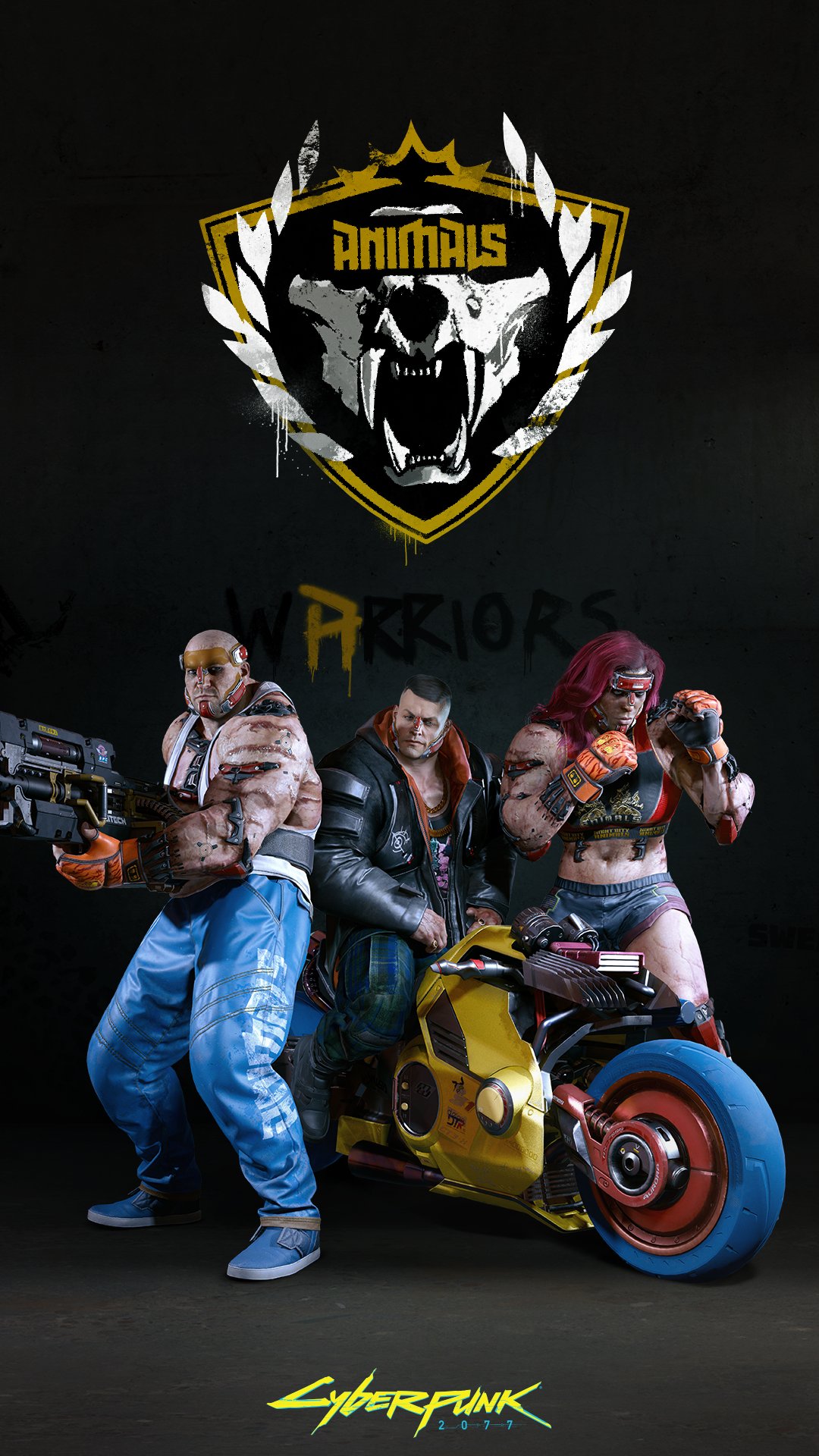 Three muscular cyborg warriors from Cyberpunk 2077 with glowing cybernetic enhancements, one holding a large weapon, another sitting on a yellow futuristic motorcycle, and the third posing with clenched fists under a fierce animal skull emblem.