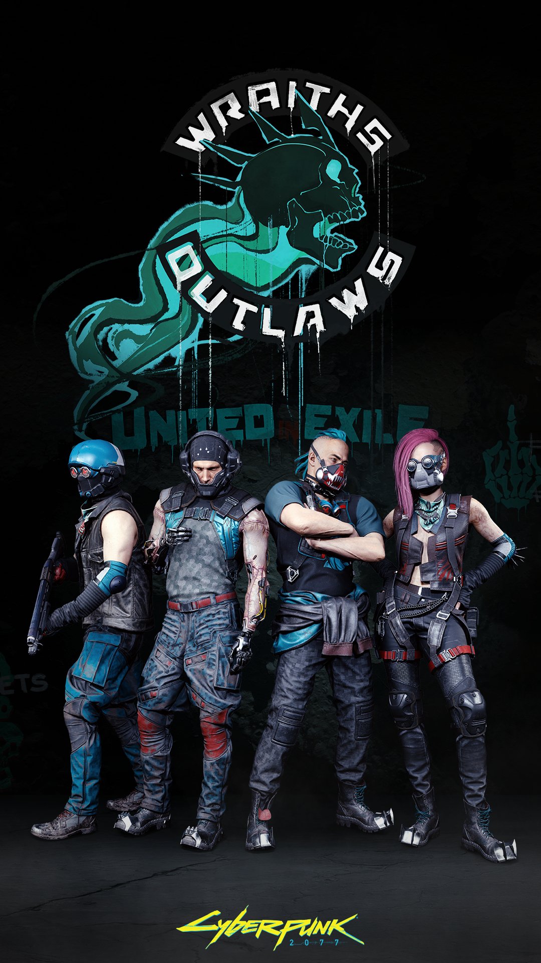 Four futuristic characters in combat gear standing under a glowing Wraiths Outlaws skull logo with Cyberpunk 2077 text below.