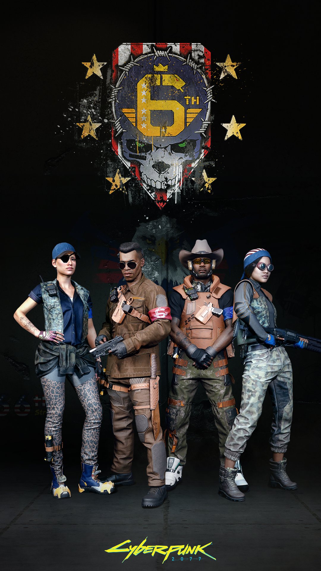 Four armed characters standing in front of a skull emblem with barbed wire and stars, under the Cyberpunk 2077 logo.