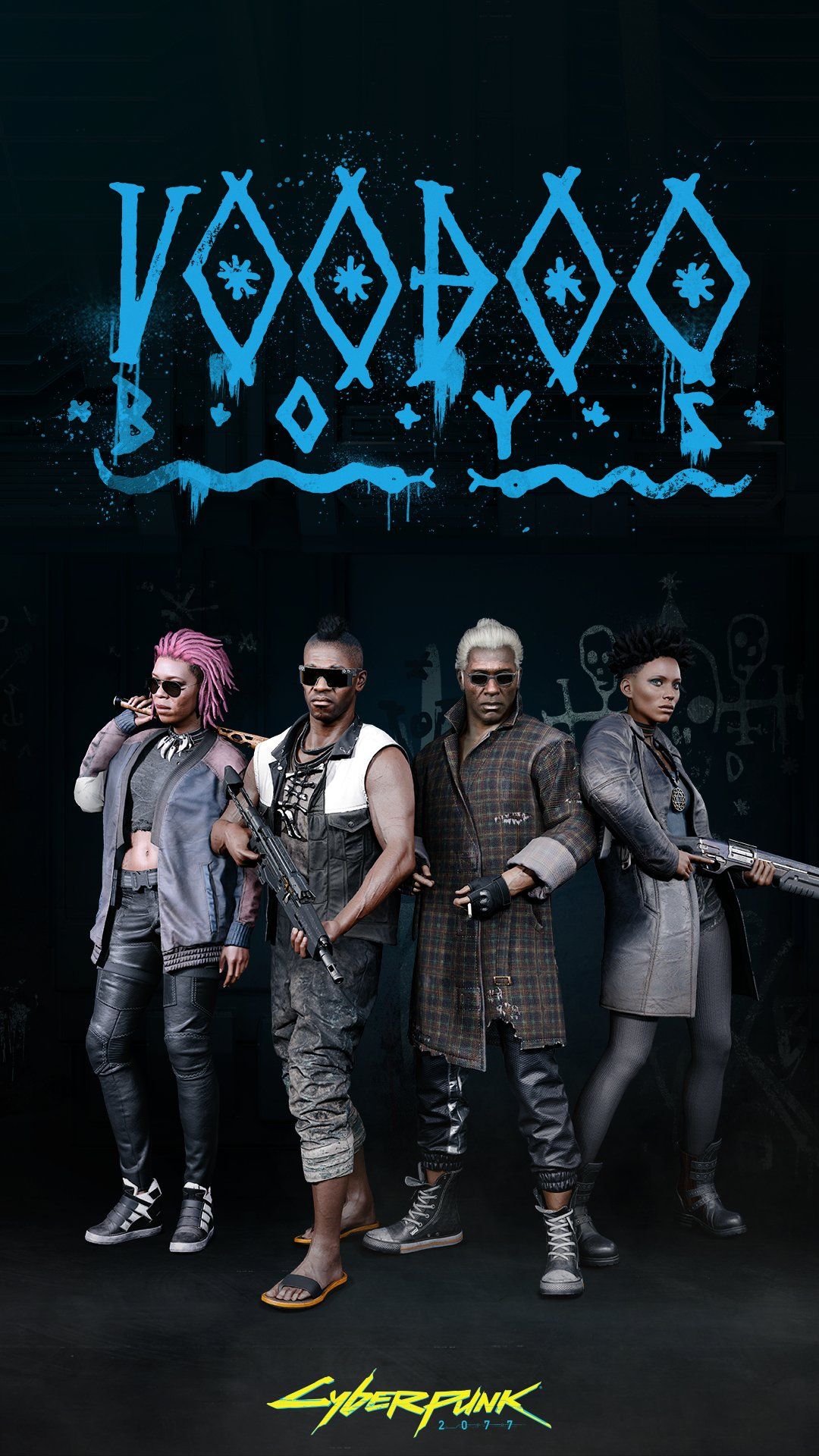 Four diverse characters with futuristic attire and weapons standing under blue graffiti text reading 'Voodoo Boys' from Cyberpunk 2077.