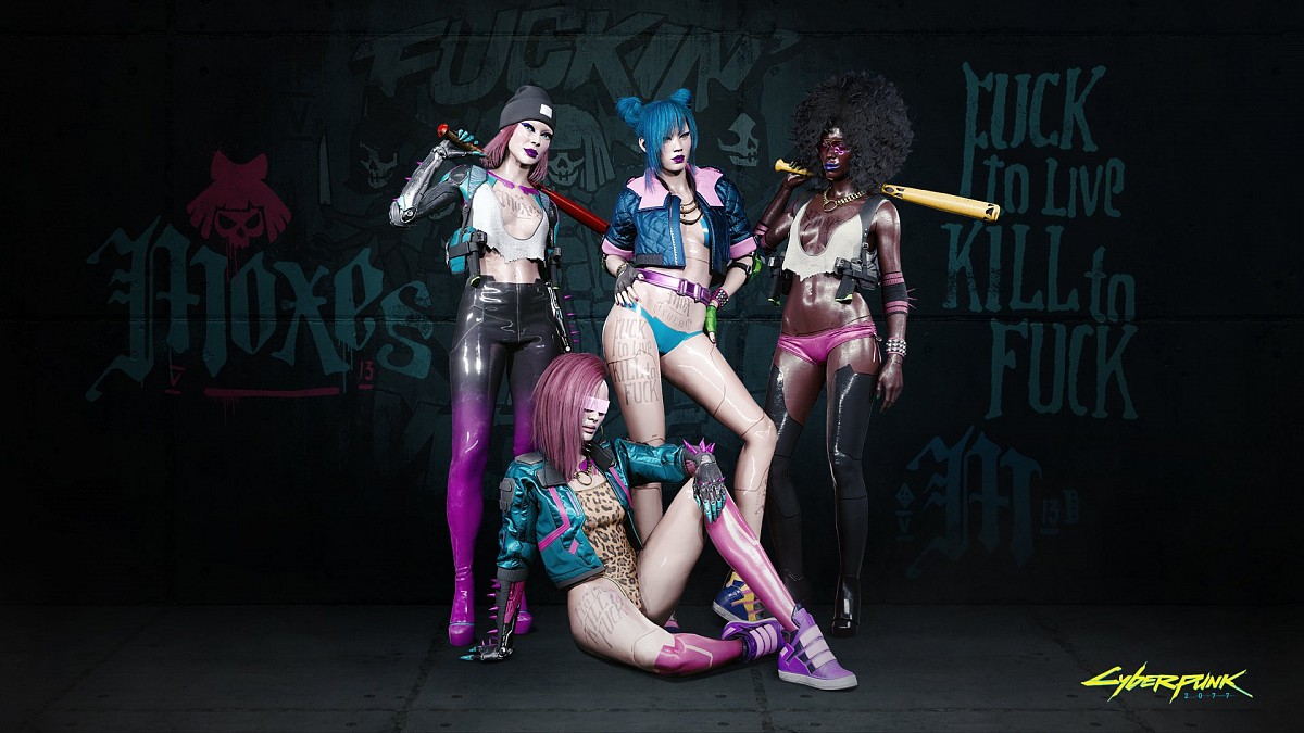 Four edgy women in futuristic, vibrant outfits posing with baseball bats against a dark wall with graffiti reading 'Moxes' and 'Fuck to Live Kill to Fuck' from Cyberpunk 2077.