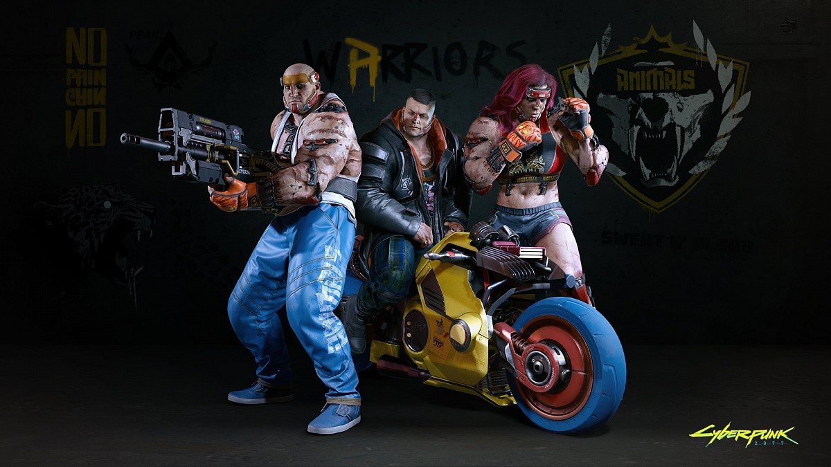 Three muscular characters from Cyberpunk 2077 pose in front of a dark wall, one holding a large gun, one sitting on a yellow futuristic motorcycle, and one in a fighting stance.