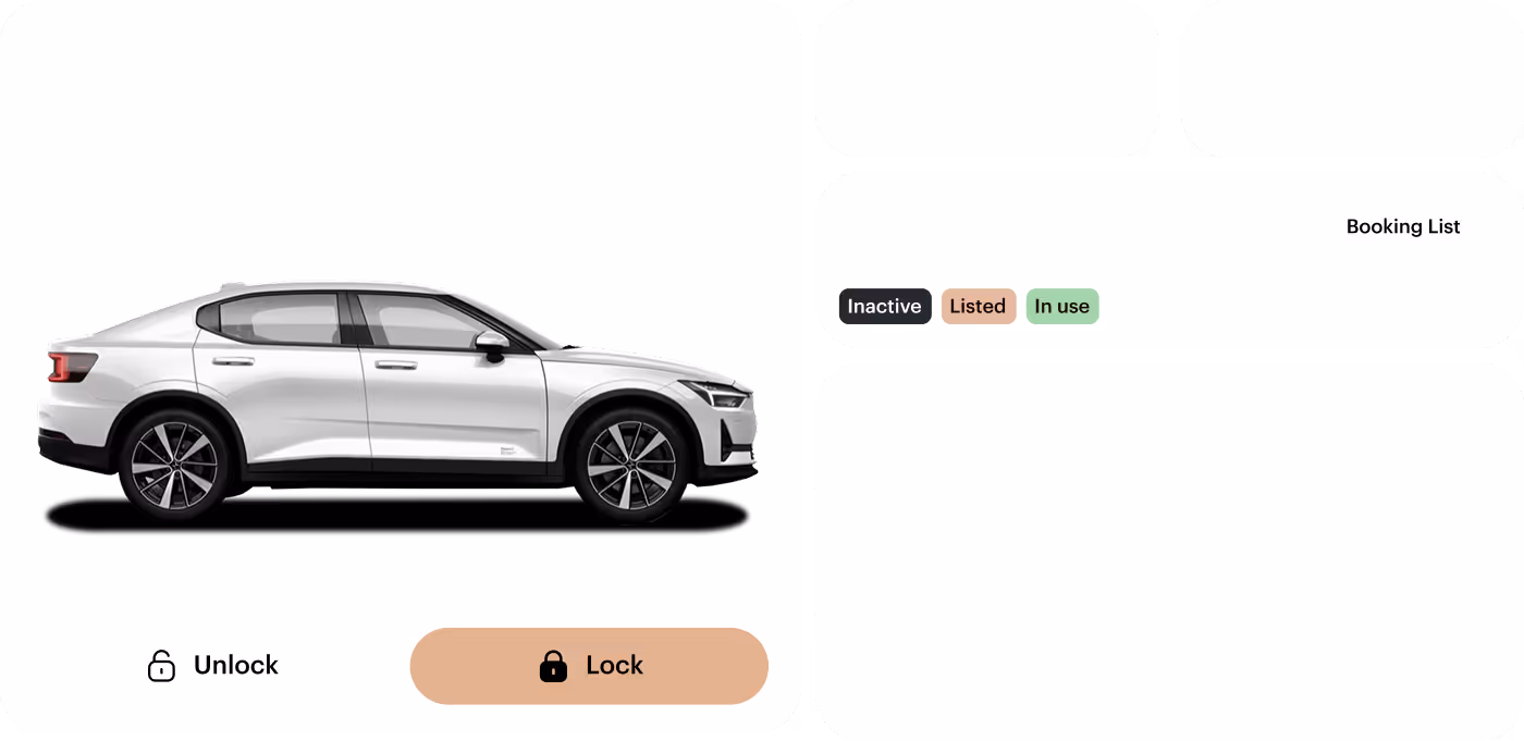 Side view of a white sedan with buttons to unlock and lock the car and status tags Inactive, Listed, and In use.