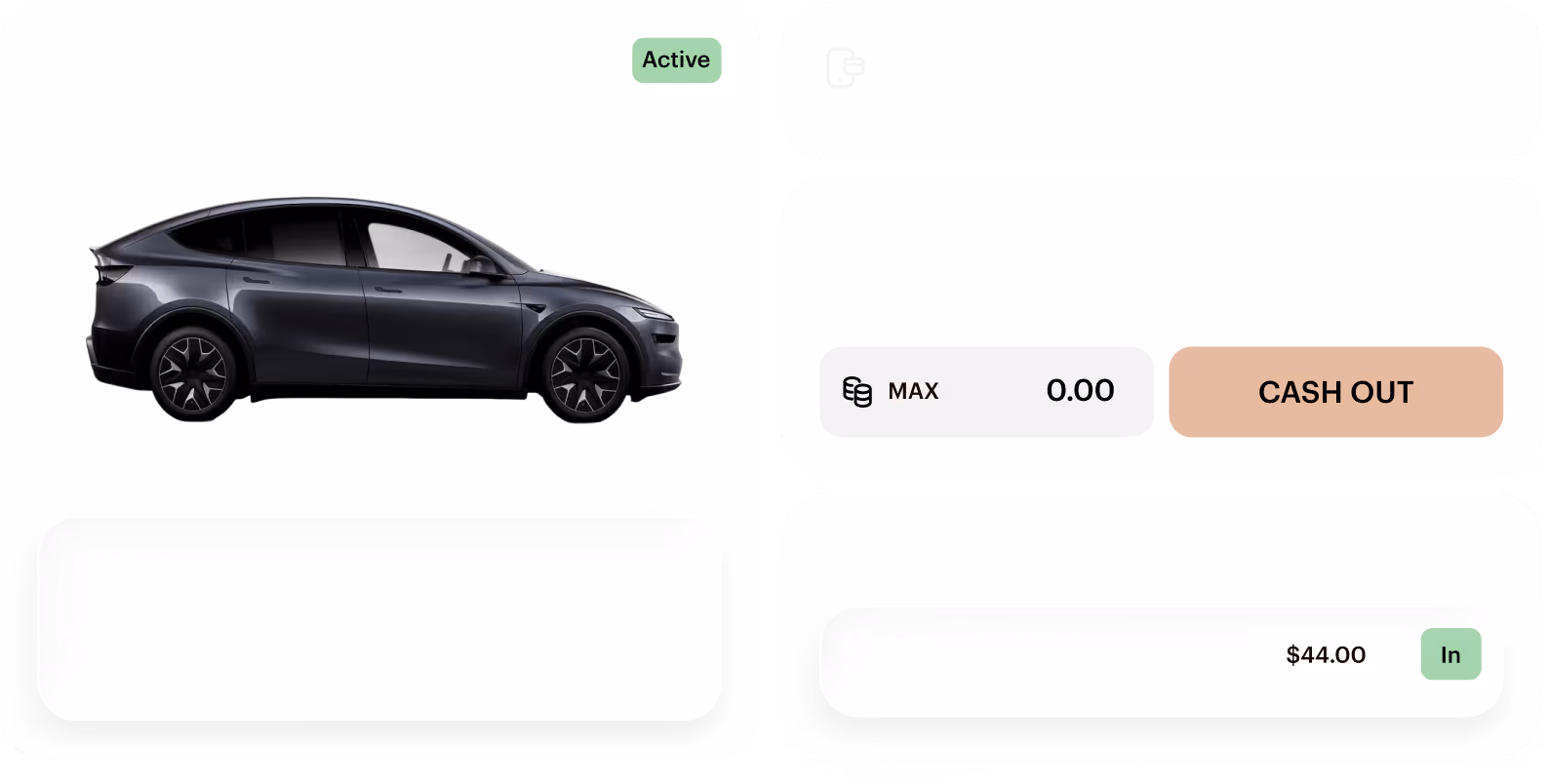 Side view of a dark gray Tesla Model Y car with user interface elements showing active status, cash out option with zero balance, and a $44.00 balance indication.