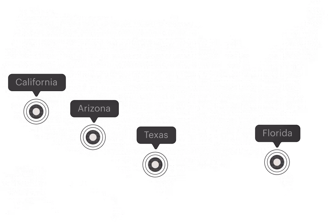 Dotted map of the United States highlighting California, Arizona, Texas, and Florida with labeled location markers.