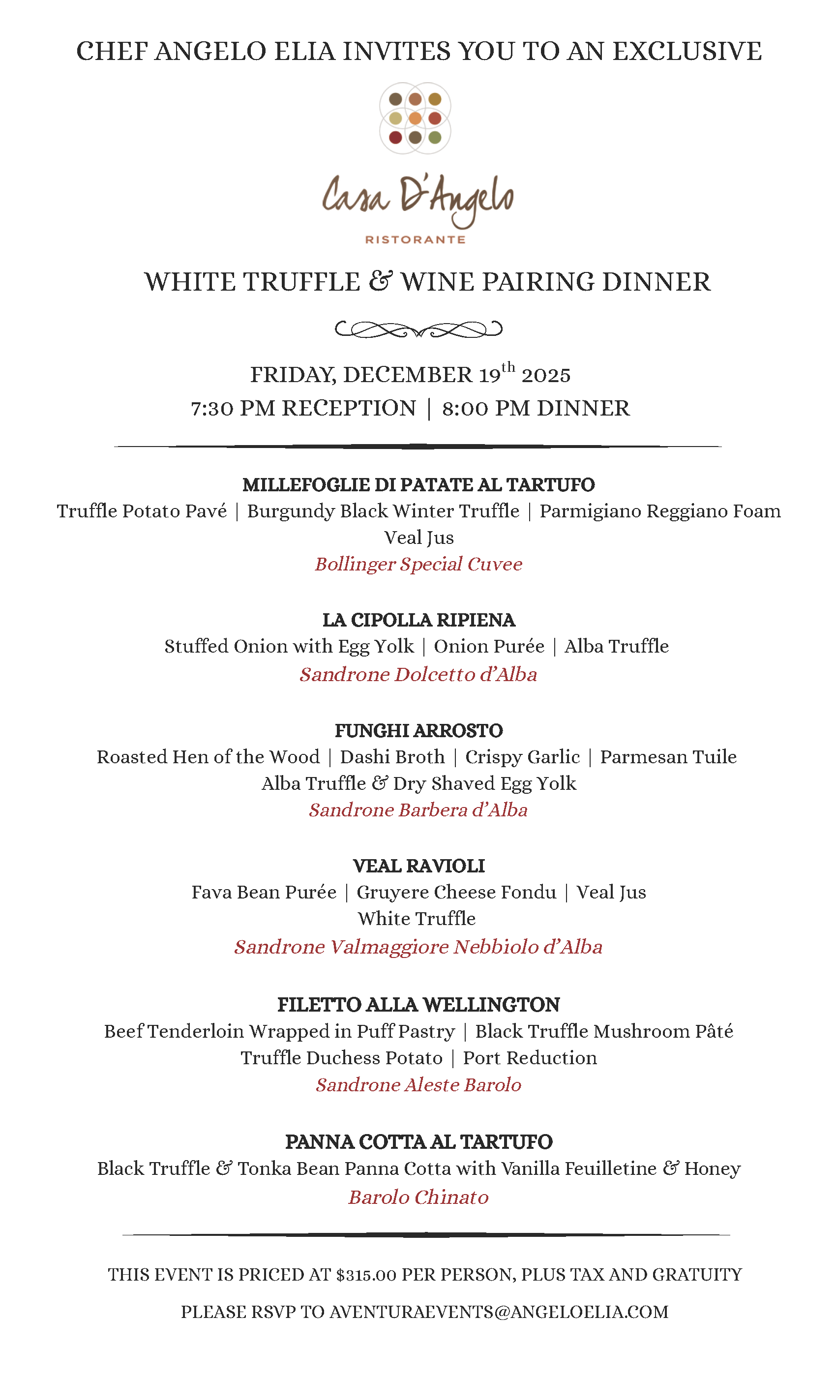 Aventura White Truffle Dinner Menu