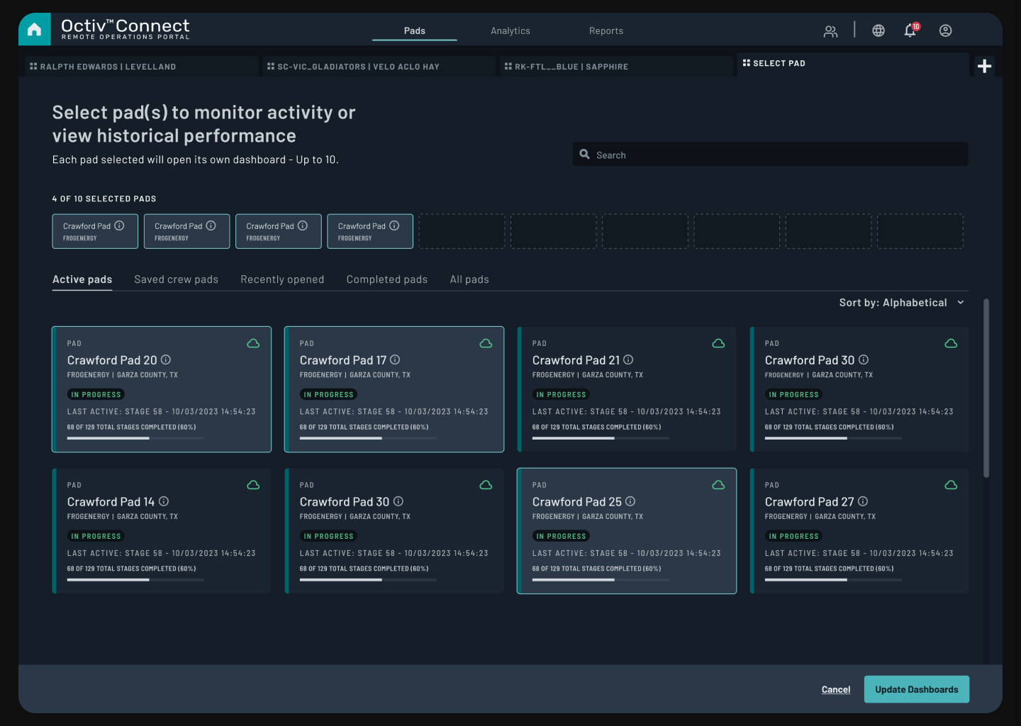 selecting pads screen
