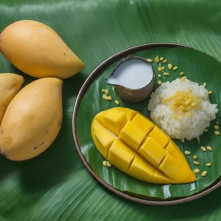 Mango sticky rice has 2 main components : sweet sticky rice and coconut milk topping.
