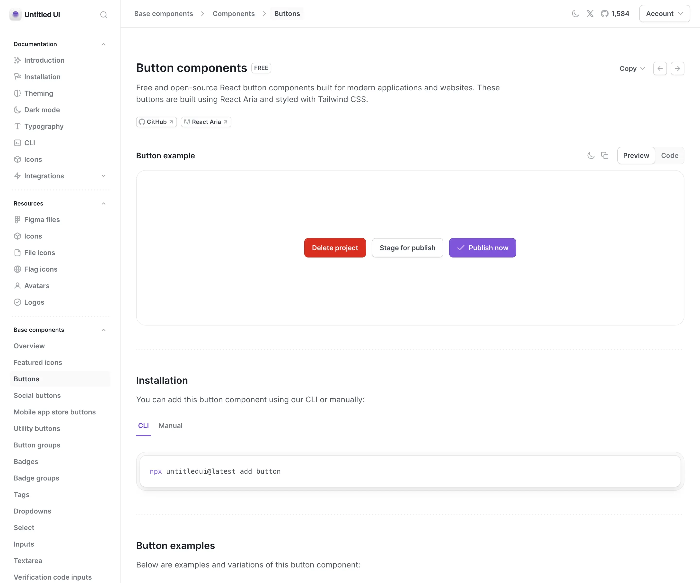 Untitled UI React button component page