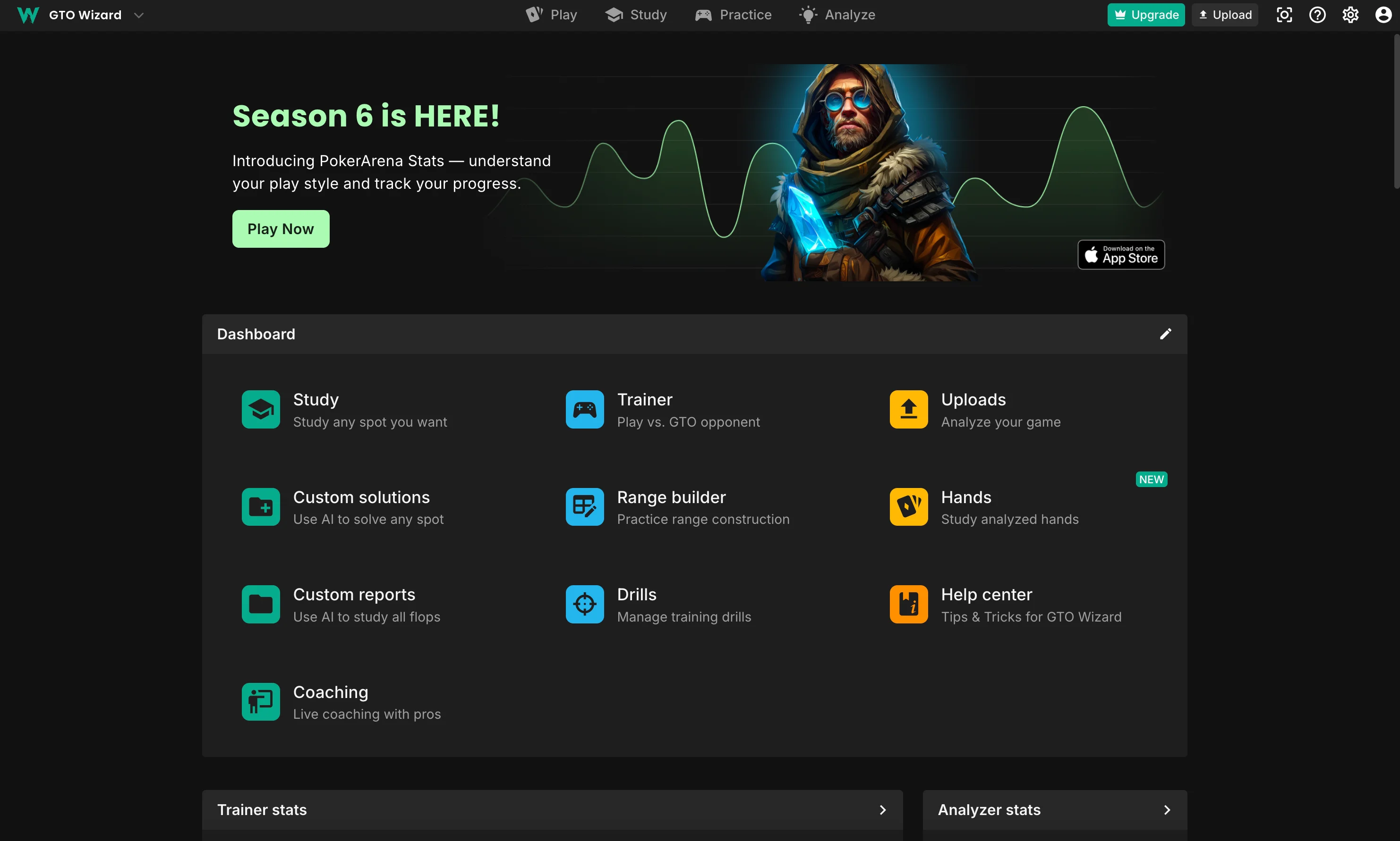 GTO Wizard app homepage in 2026