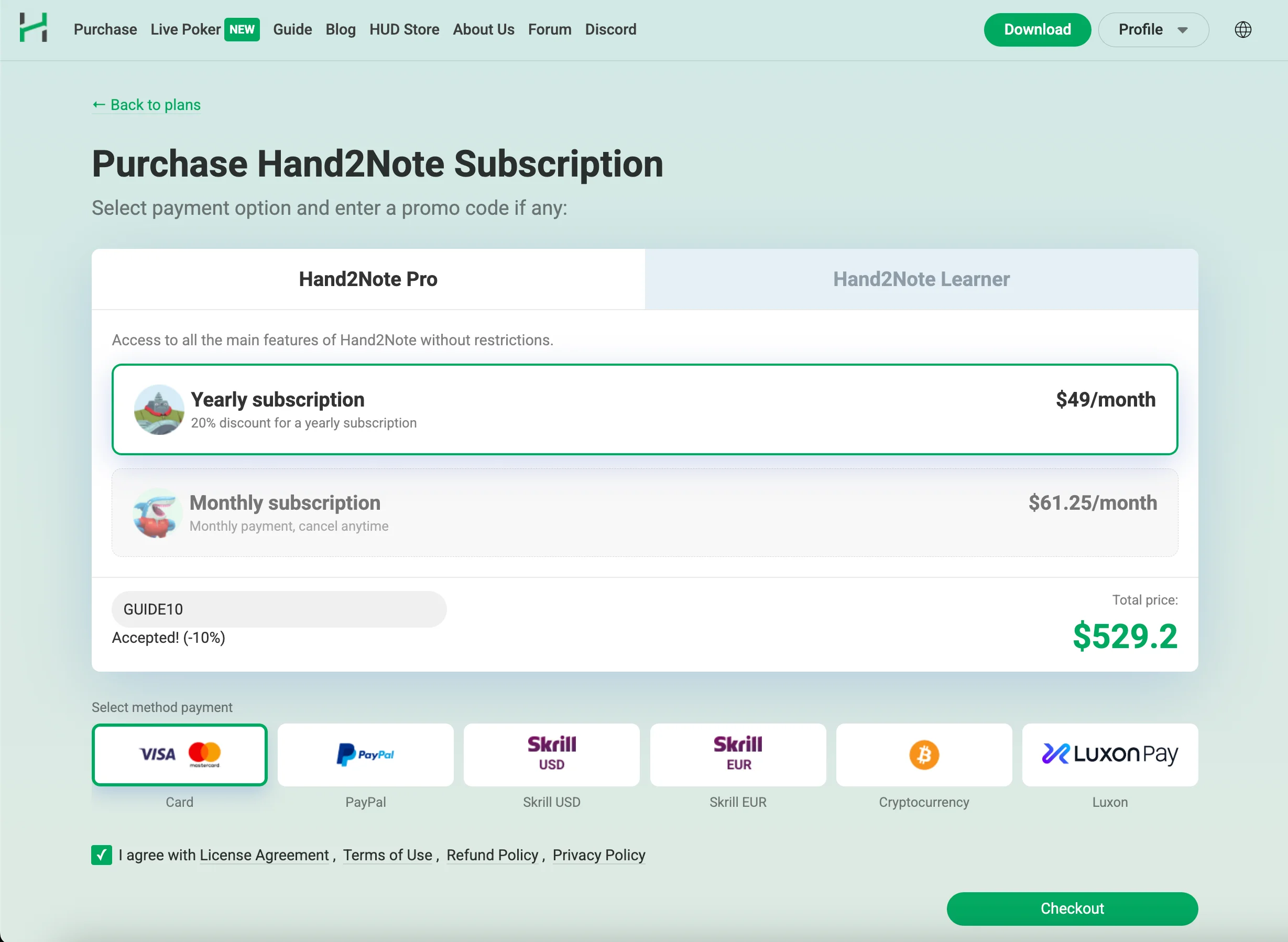 Purchasing Hand2Note with promo code applied