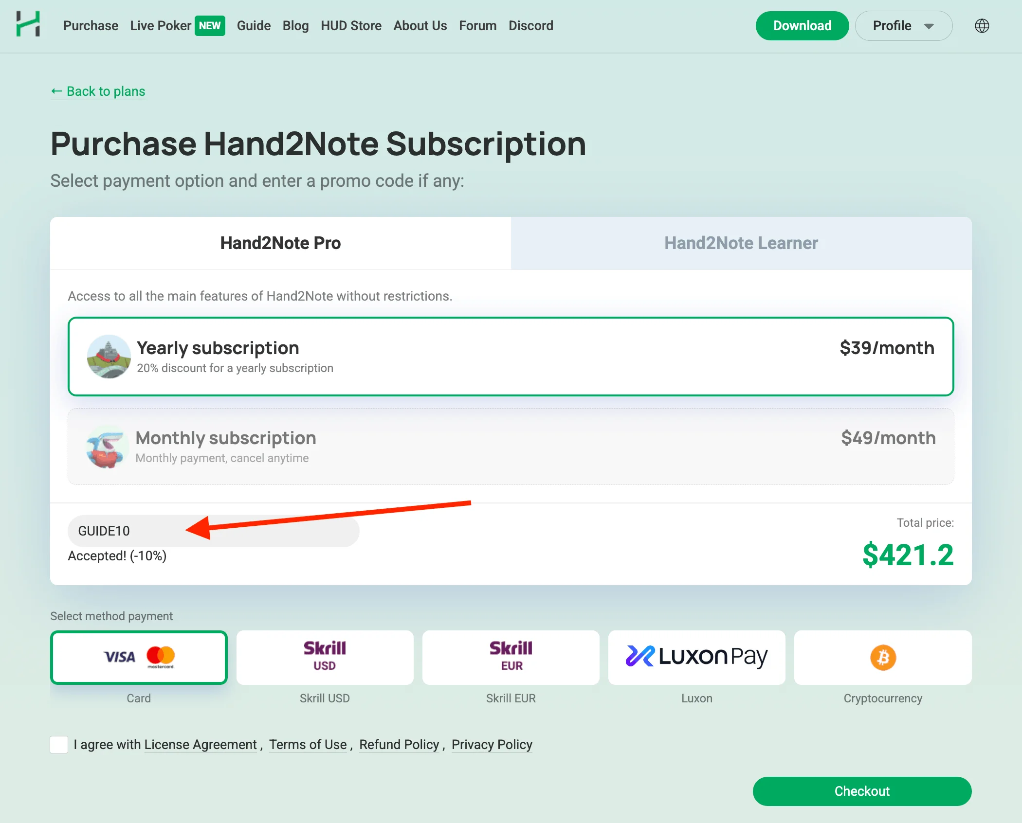 Hand2Note promo code applied on the checkout