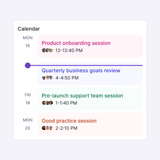 Calendar showing four meetings on different dates with times and participant icons in a timeline style.