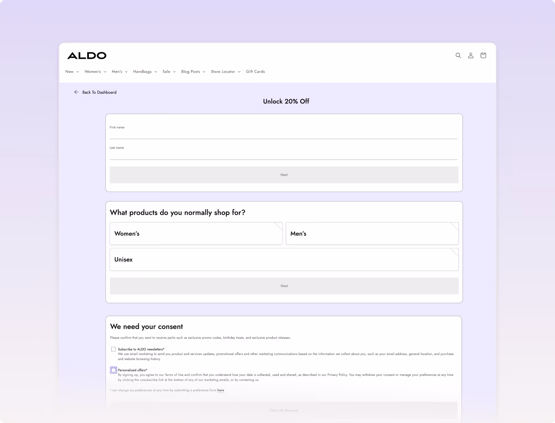 ALDOÂ loyalty program registration form