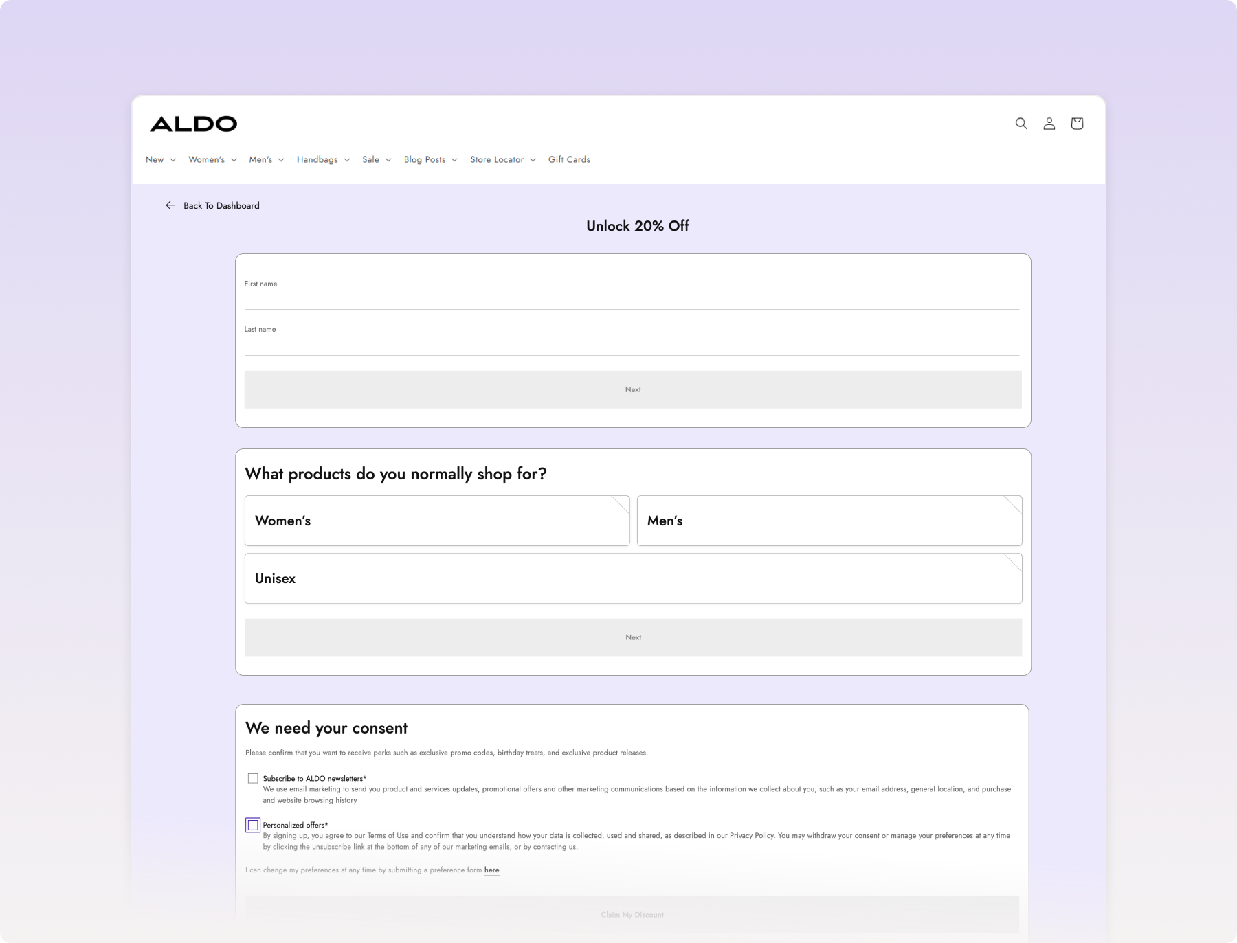 ALDO loyalty program registration form