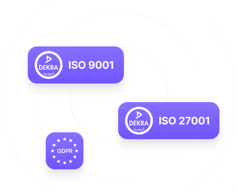 Three purple badges showing DEKRA ISO 9001, DEKRA ISO 27001, and GDPR certification icons.