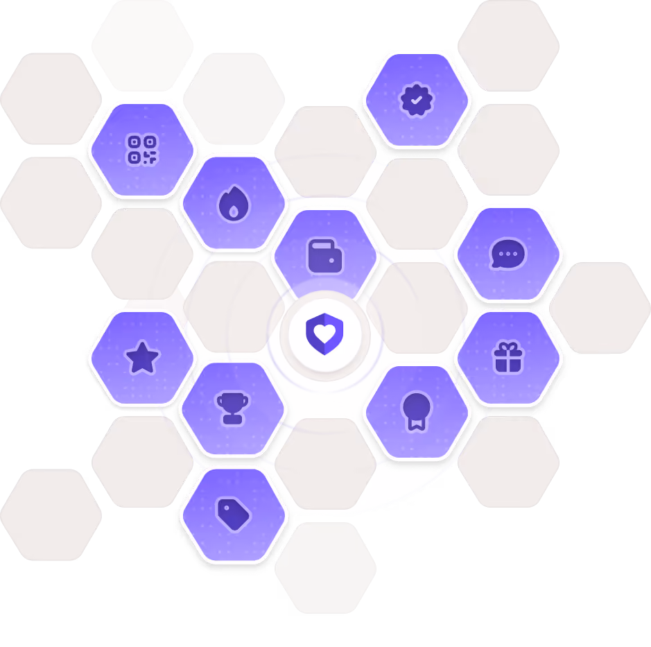 Purple hexagons with icons like wallet, star, trophy, gift, and chat arranged around a central shield with a heart.
