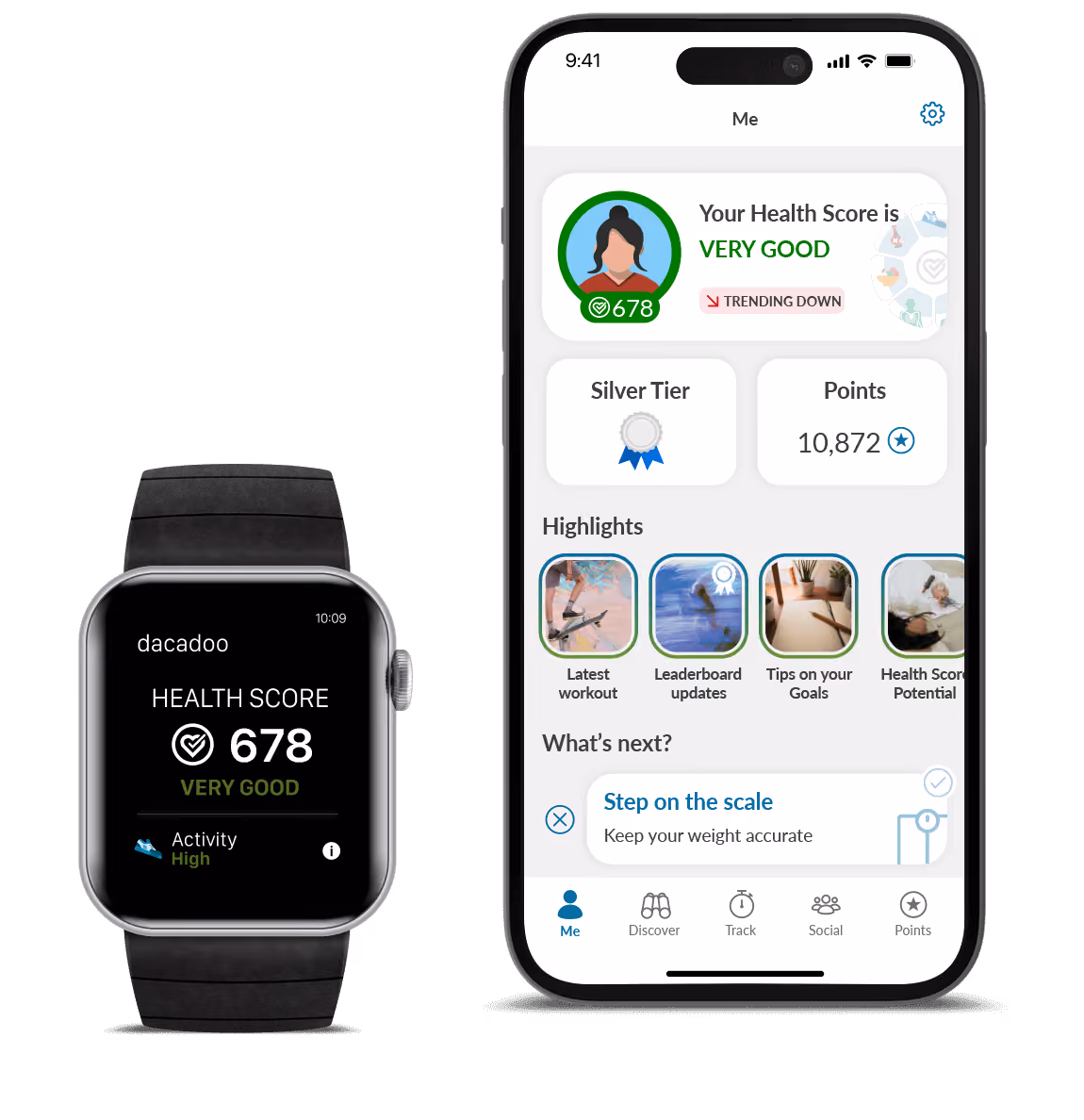 Smartwatch and smartphone screens showing health score of 678, status very good, and activity tracking app.