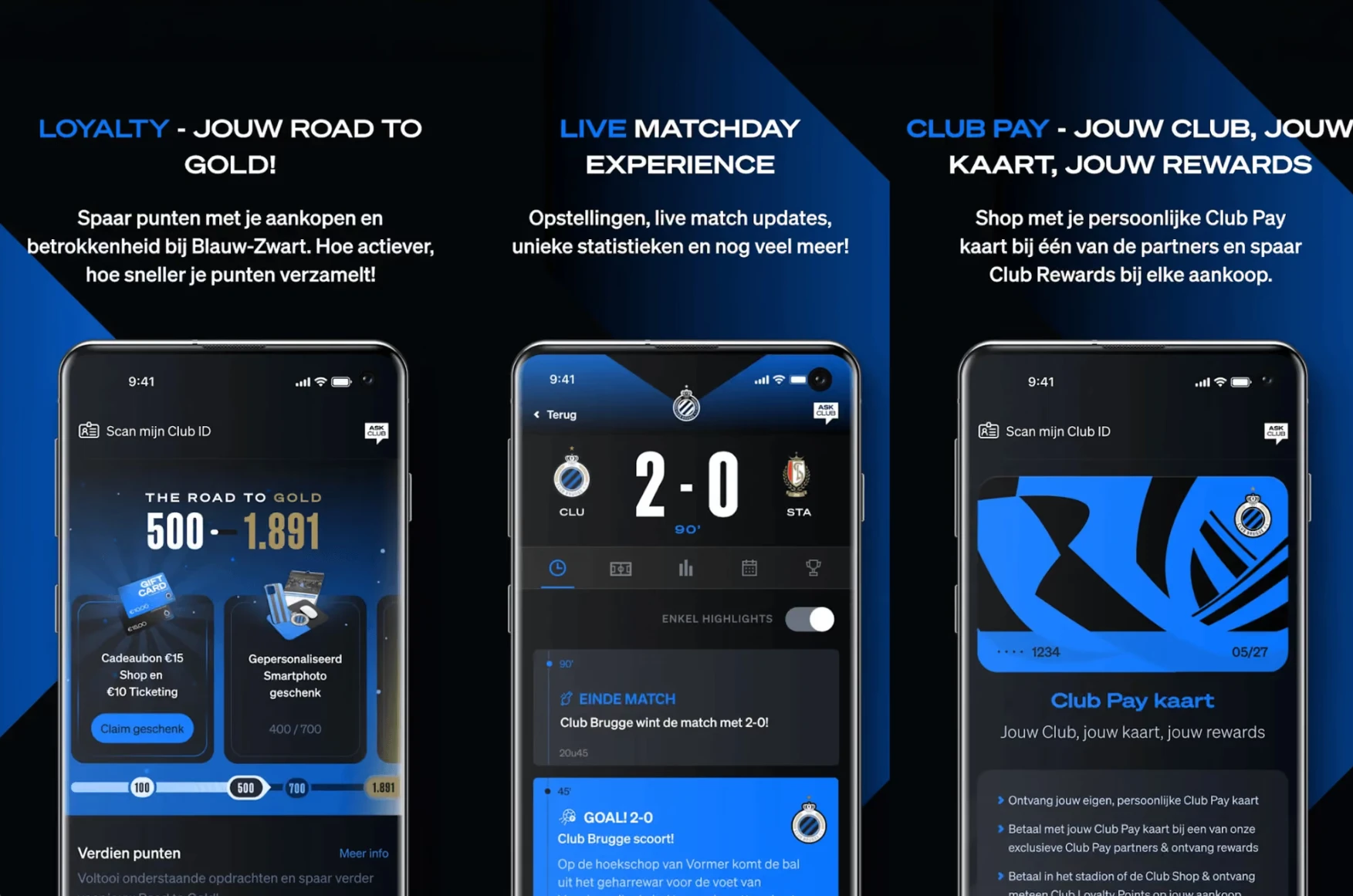 Club Brugge app with Road to Gold loyalty, live matchday and Club Pay