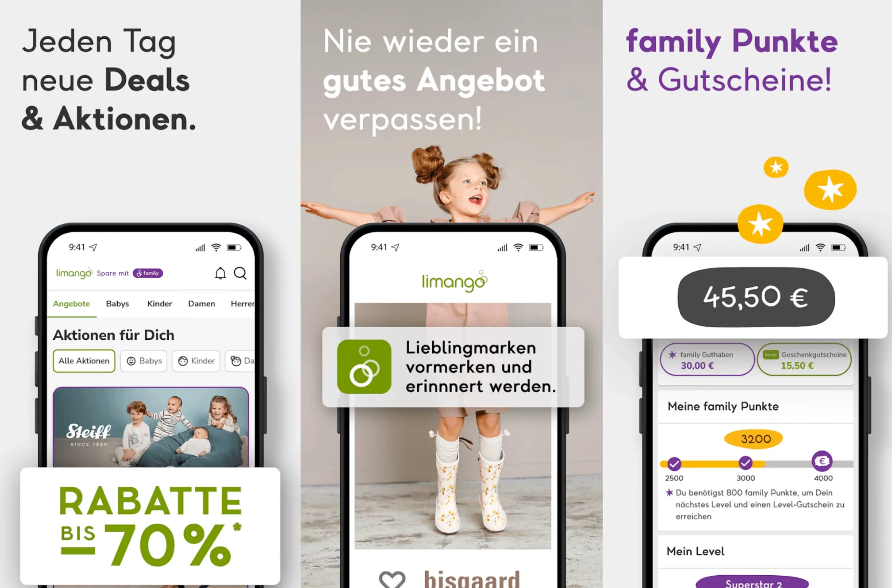 limango app with family points, status levels and deals