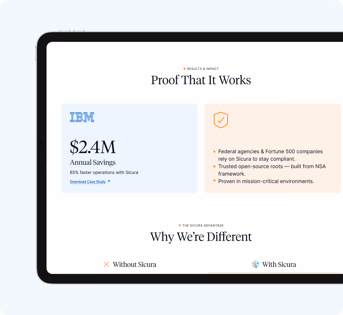 Tablet screen showing Sicura case study with IBM logo, $2.4M annual savings, and key benefits like federal agency compliance and trusted NSA-based framework.