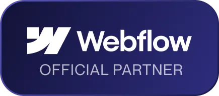 Webflow official partner badge with white logo and text on a blue rounded rectangle background.