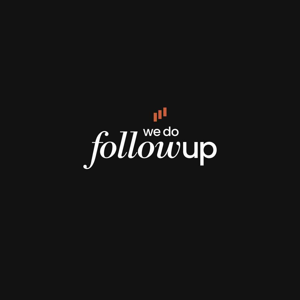 Logo with the text 'we do follow up' in white on a black background with three small ascending orange bars above the text.