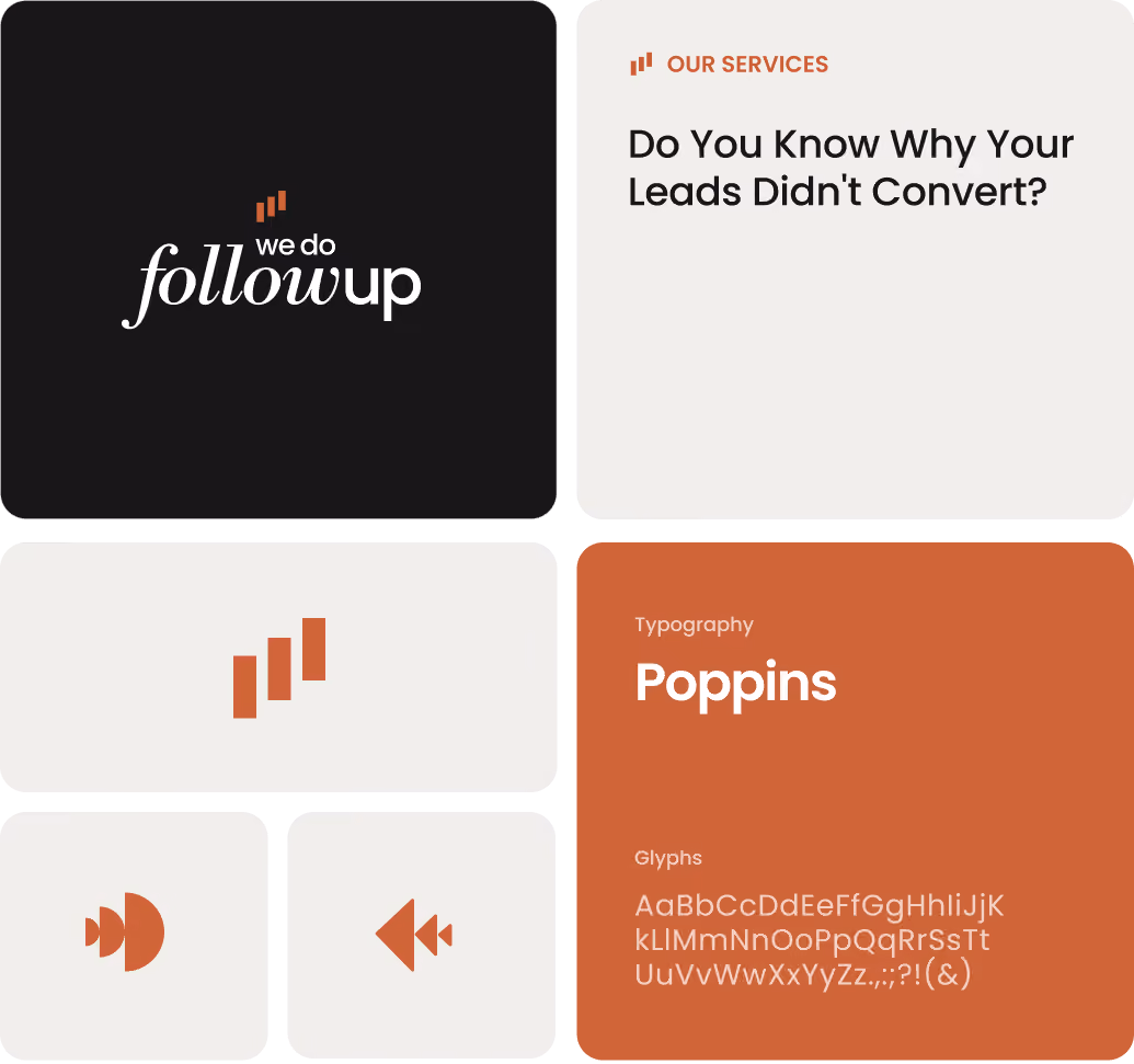 Black and white squares with text and icons: 'we do follow up' logo on black, 'OUR SERVICES Do You Know Why Your Leads Didn't Convert?' on white, three ascending orange bars on white, sound and rewind icons on white, and Poppins typography with glyph examples on orange background.