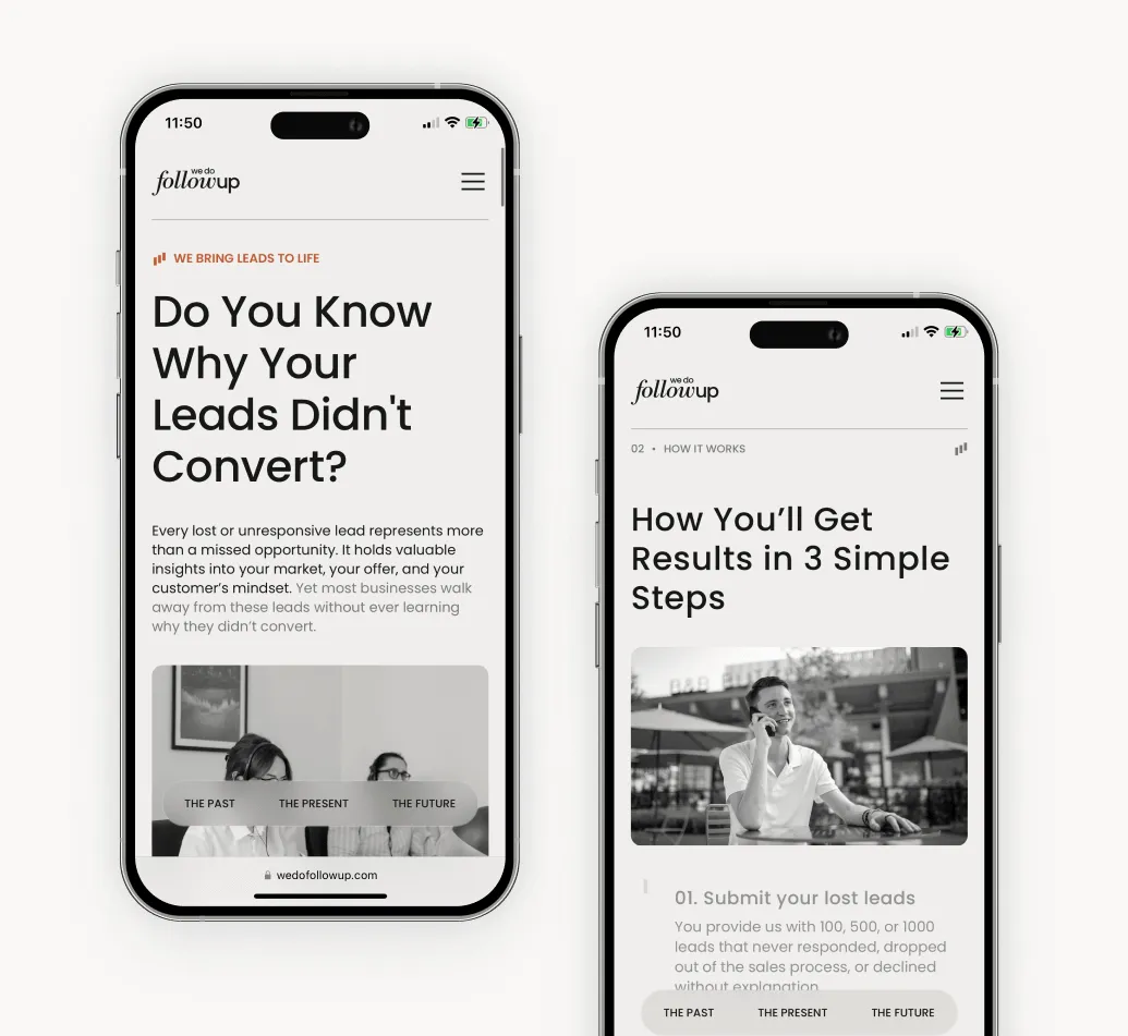 Two smartphones displaying a lead conversion service website with headlines explaining why leads didn't convert and how to get results in three simple steps.