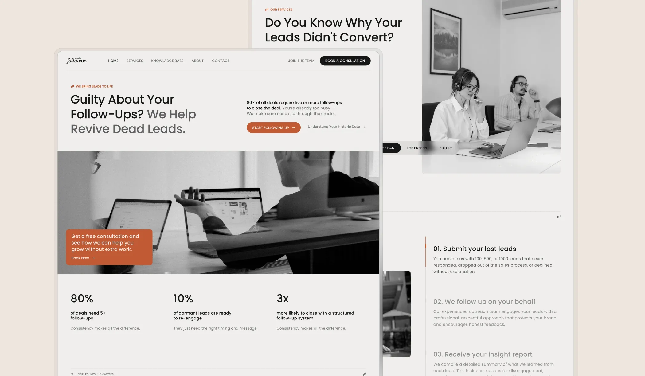 Website page titled 'Guilty About Your Follow-Ups? We Help Revive Dead Leads' with statistics about follow-ups and an image of a person gesturing towards laptops, alongside a sidebar showing a call center with two people using headsets.