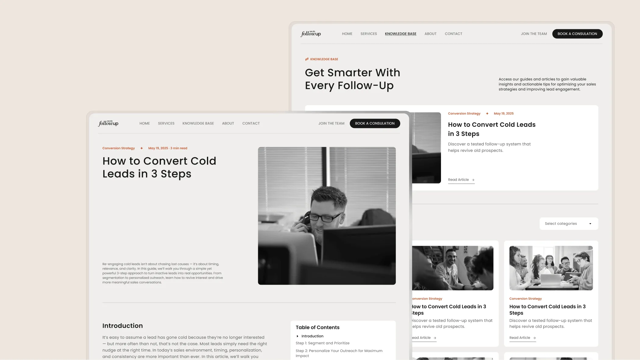 Website pages showing an article titled 'How to Convert Cold Leads in 3 Steps' with a photo of a man talking on the phone in an office.