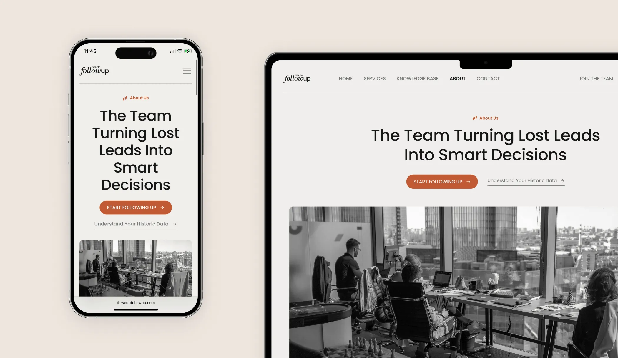 Website homepage shown on a smartphone and a tablet with the heading 'The Team Turning Lost Leads Into Smart Decisions' and a photo of people working in an office with city view.