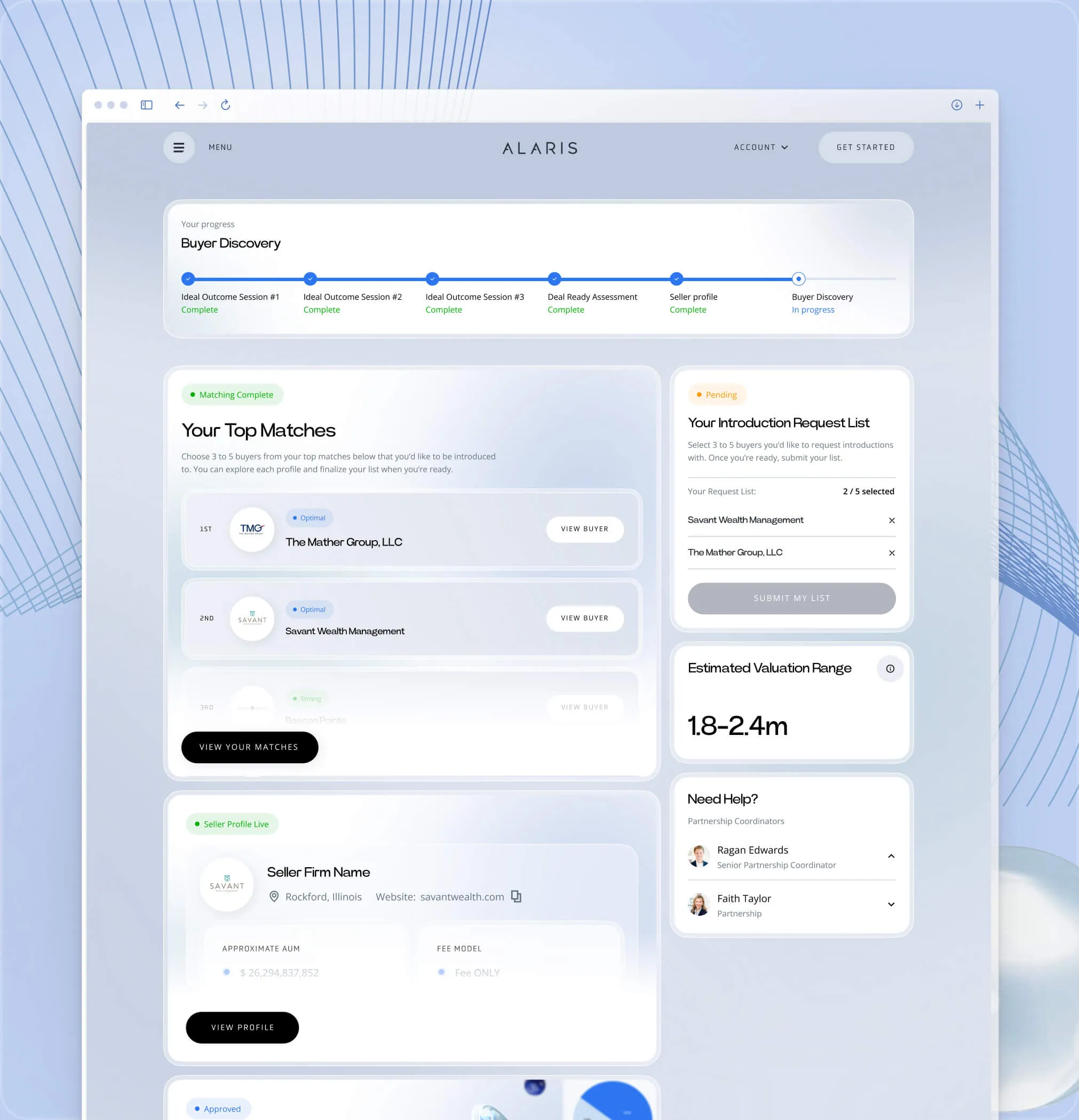 Dashboard interface for buyer discovery showing progress through ideal outcome sessions, deal readiness, and seller profile completion with sections for top matches, introduction request list, estimated valuation range, seller profile details, and partnership coordinator contacts.