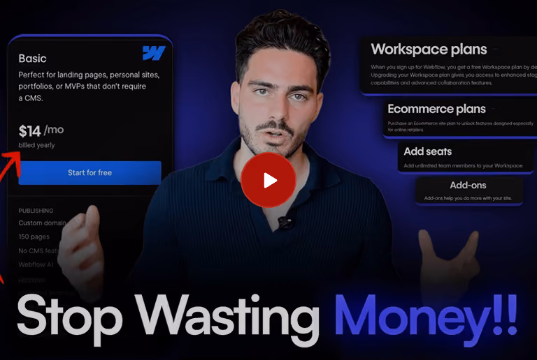 Man gesturing with text about Webflow plans and pricing, saying Stop Wasting Money.