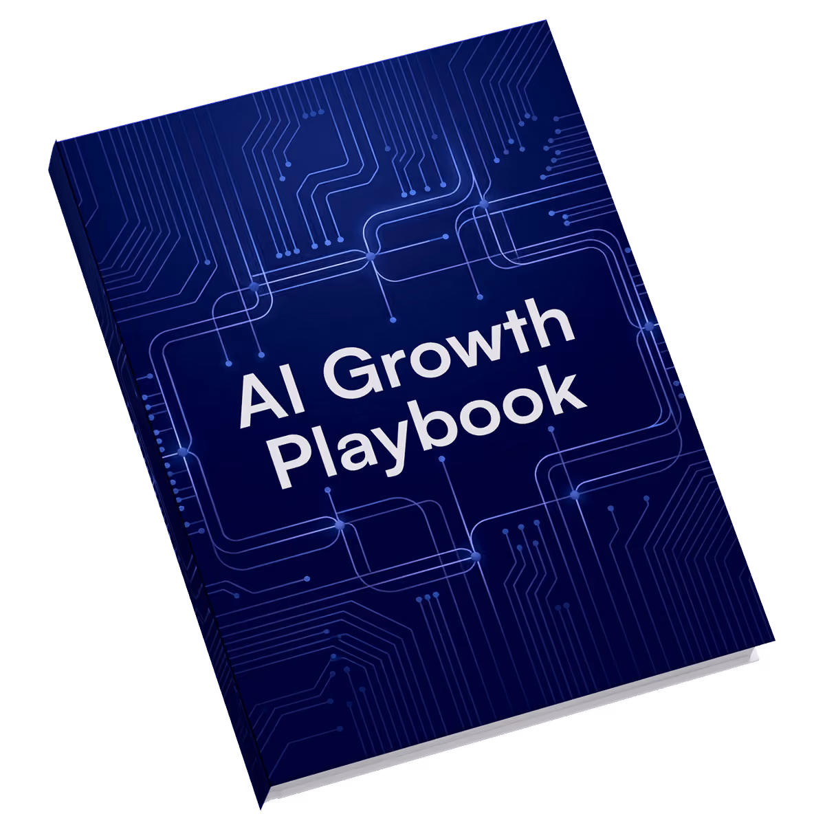 Closed book titled AI Growth Playbook with a dark blue circuit board design on the cover.