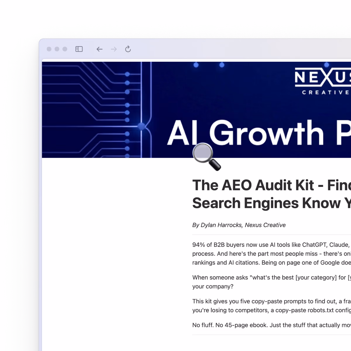 Partial webpage titled 'AI Growth P' with article on AEO Audit Kit by Dylan Harrocks, Nexus Creative.