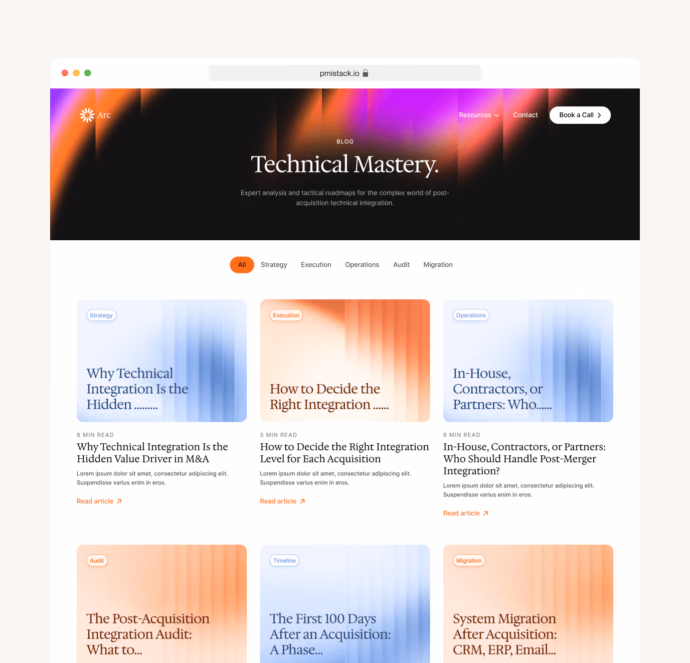 Blog page titled Technical Mastery showing articles on integration strategy, execution, operations, audit, and migration.