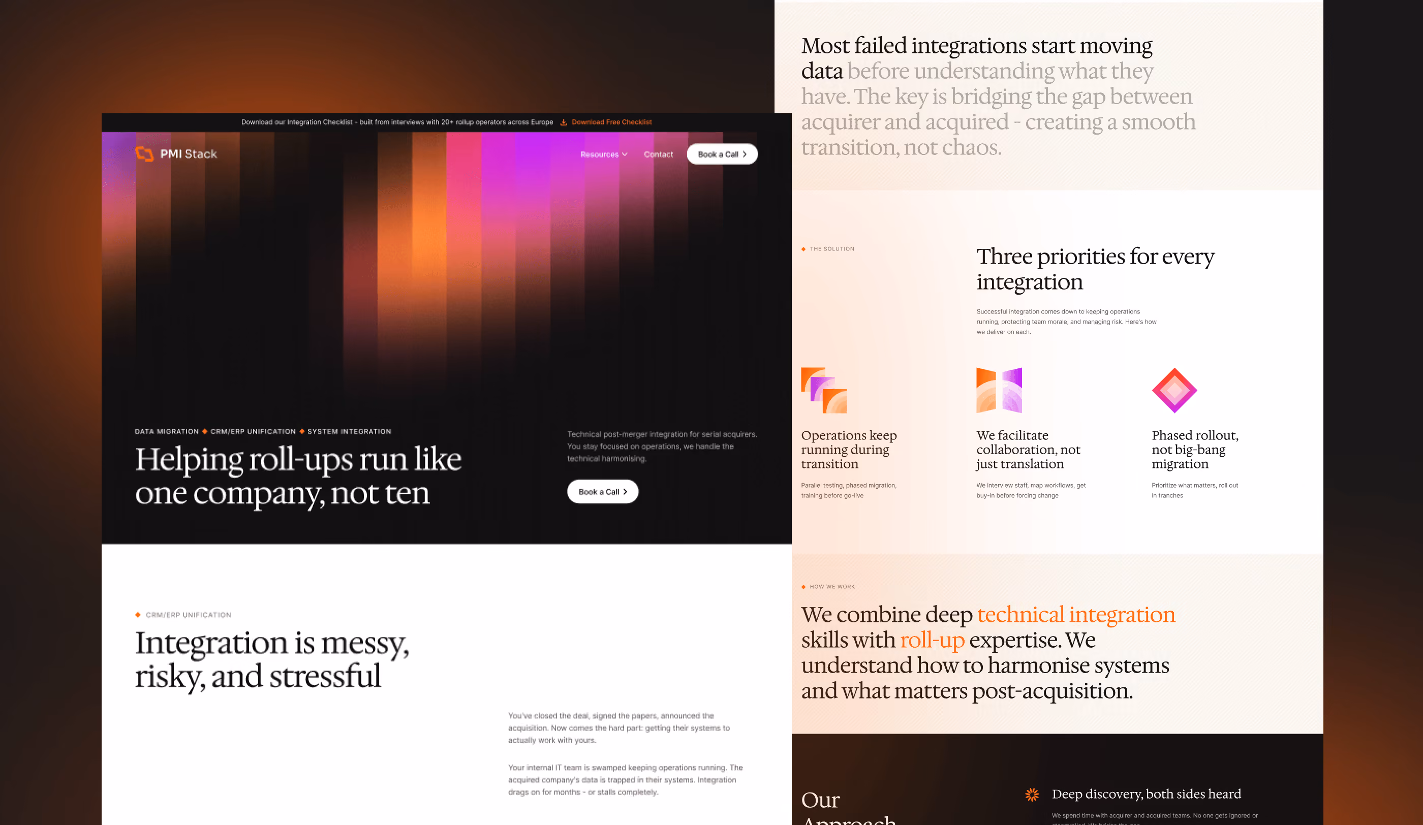 Website page about integration challenges, priorities, and technical expertise for roll-ups post-acquisition.