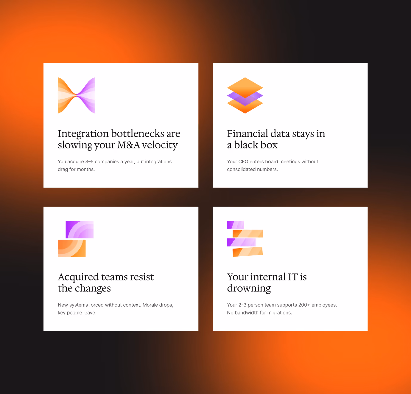 Four white cards on dark orange gradient background listing M&A challenges with abstract icons.